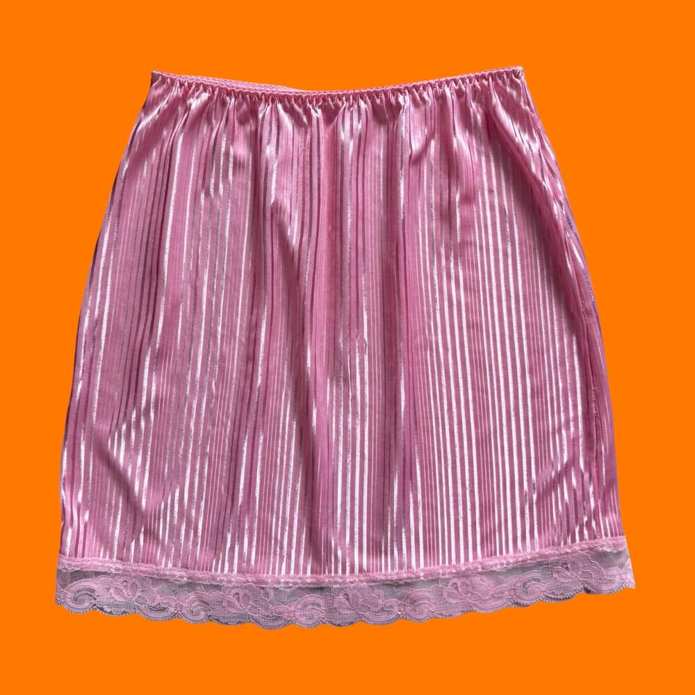 90's vintage baby pink striped lace trim lingerie slip skirt MEDIUM